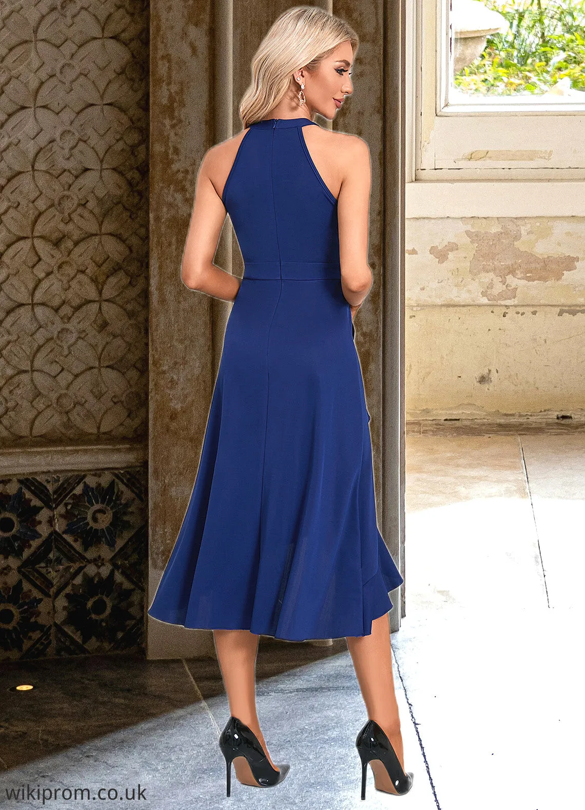 Aiyana Cascading Ruffles High Neck Elegant A-line Cotton Blends Asymmetrical Midi Dresses SWKP0022353