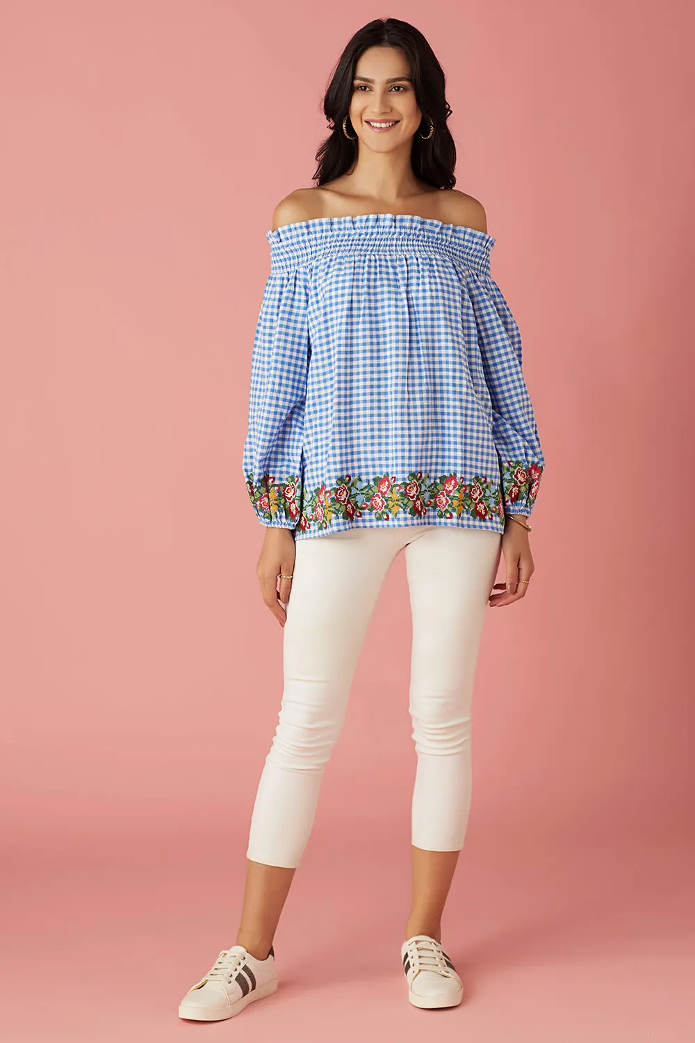 Blue Gingham Off-Shoulder Top