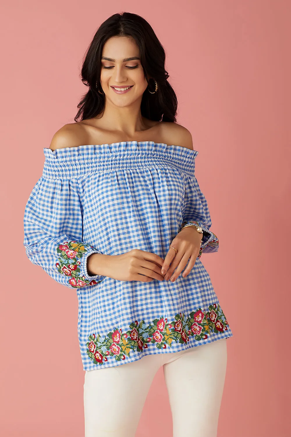 Blue Gingham Off-Shoulder Top