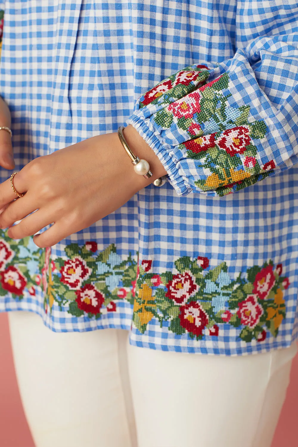 Blue Gingham Off-Shoulder Top