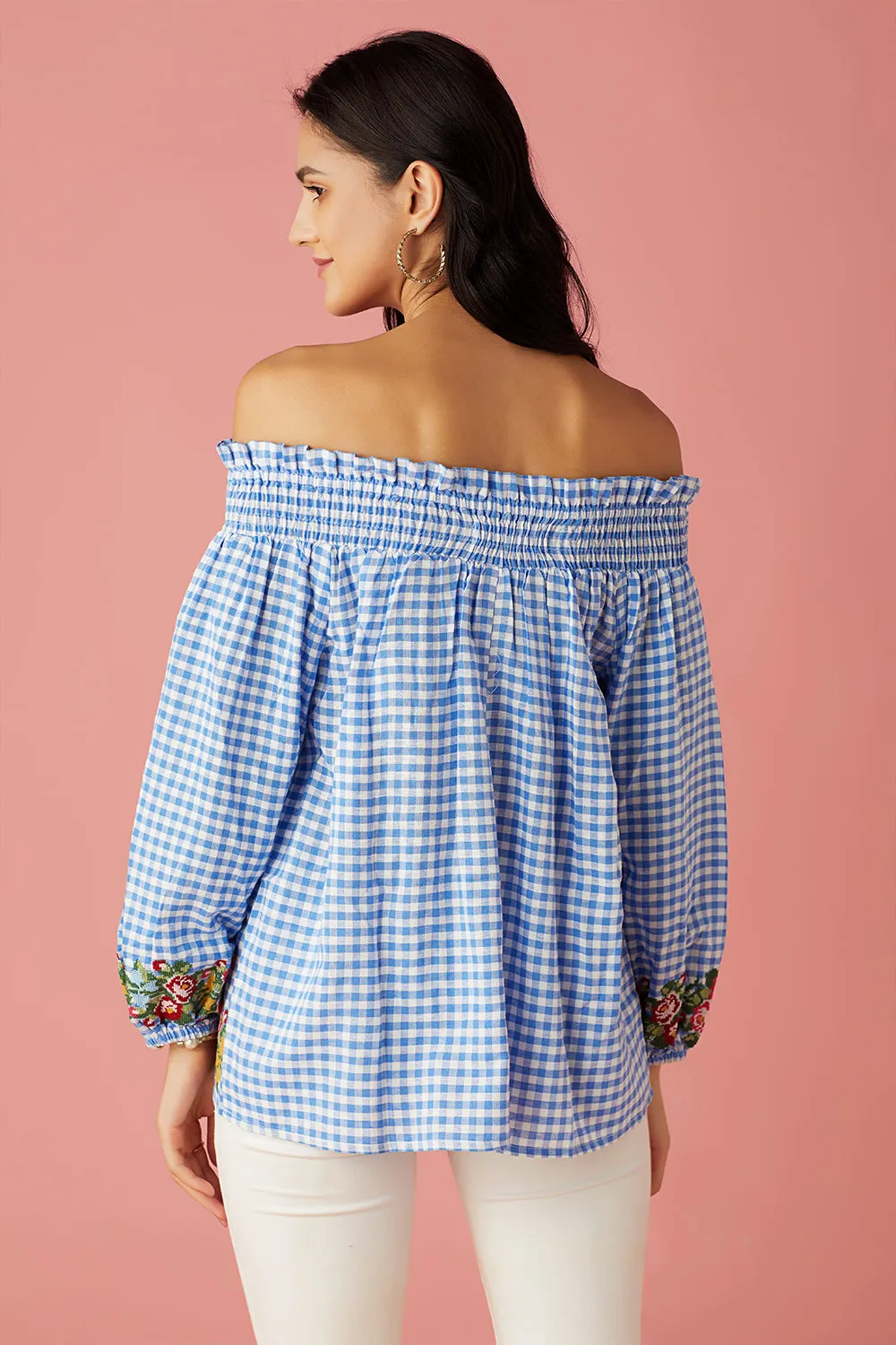 Blue Gingham Off-Shoulder Top