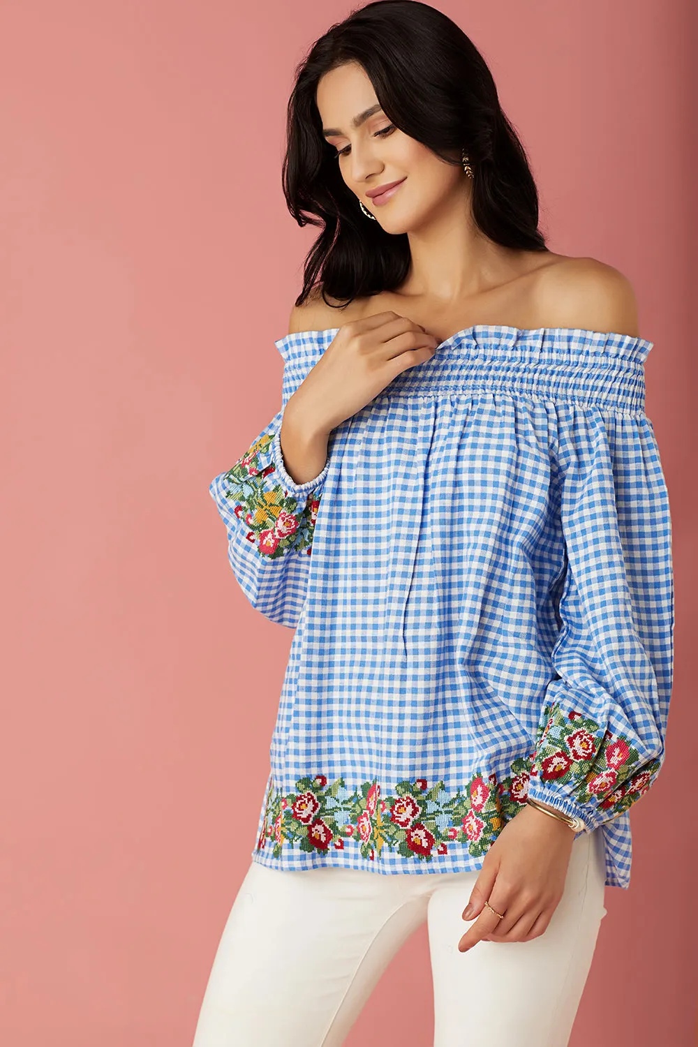 Blue Gingham Off-Shoulder Top