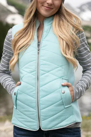 Blue Zip-Up Side Pockets Puffer Jacket Vest