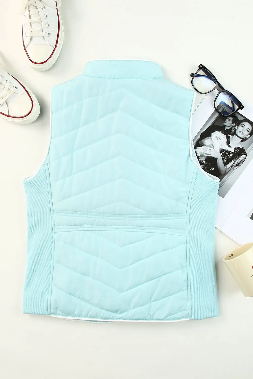 Blue Zip-Up Side Pockets Puffer Jacket Vest