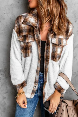 Brown Plaid Patchwork Buttoned Pocketed Jacket