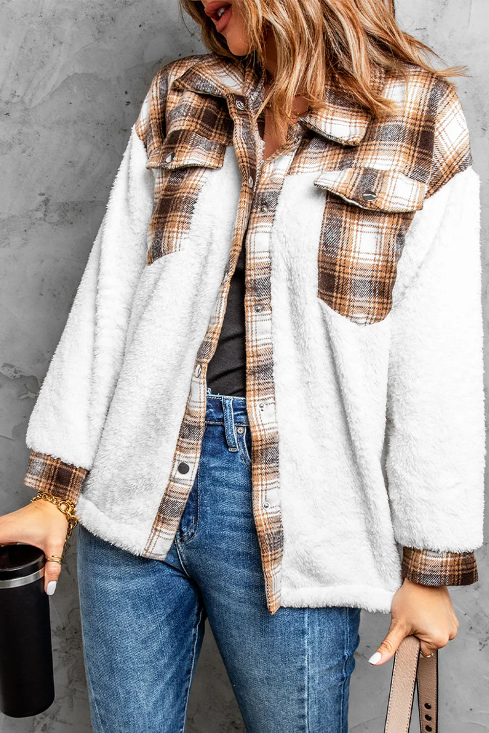 Brown Plaid Patchwork Buttoned Pocketed Jacket