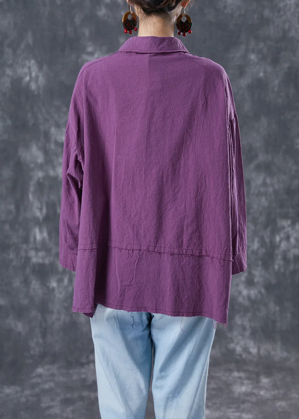 Chic Purple Oversized Patchwork Linen Blouses Summer LY4130