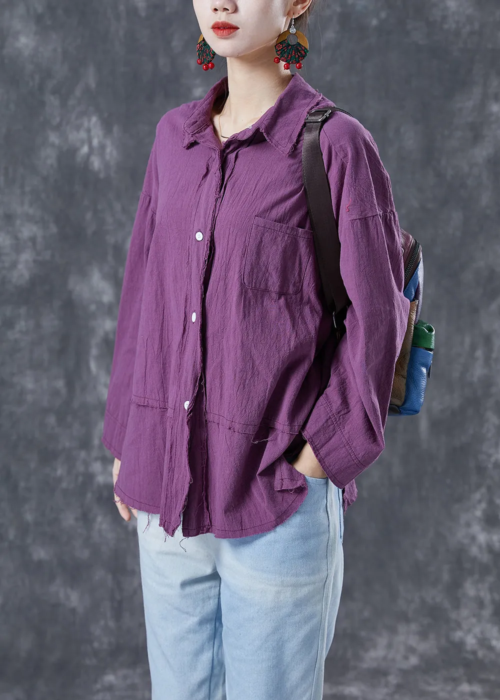Chic Purple Oversized Patchwork Linen Blouses Summer LY4130