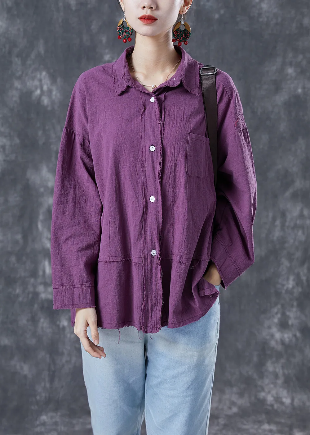 Chic Purple Oversized Patchwork Linen Blouses Summer LY4130