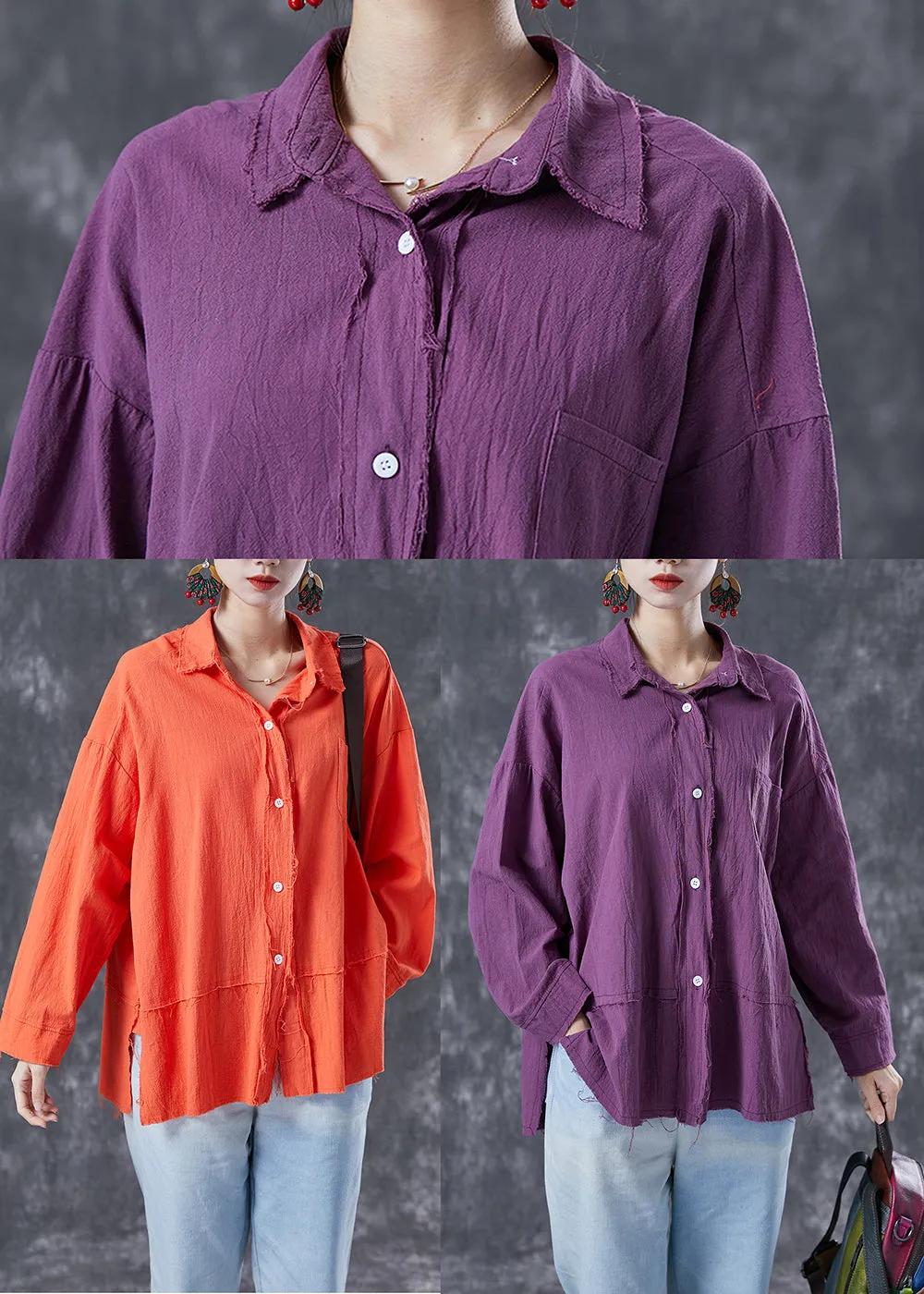 Chic Purple Oversized Patchwork Linen Blouses Summer LY4130