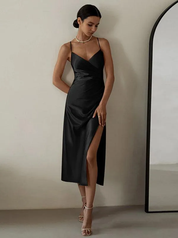 Chic V-neck Pleated Midi Dress with Stylish Slit - Sophisticated Polyester Fashion