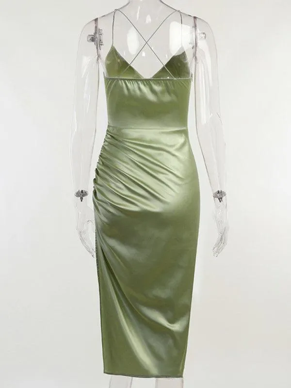 Chic V-neck Pleated Midi Dress with Stylish Slit - Sophisticated Polyester Fashion