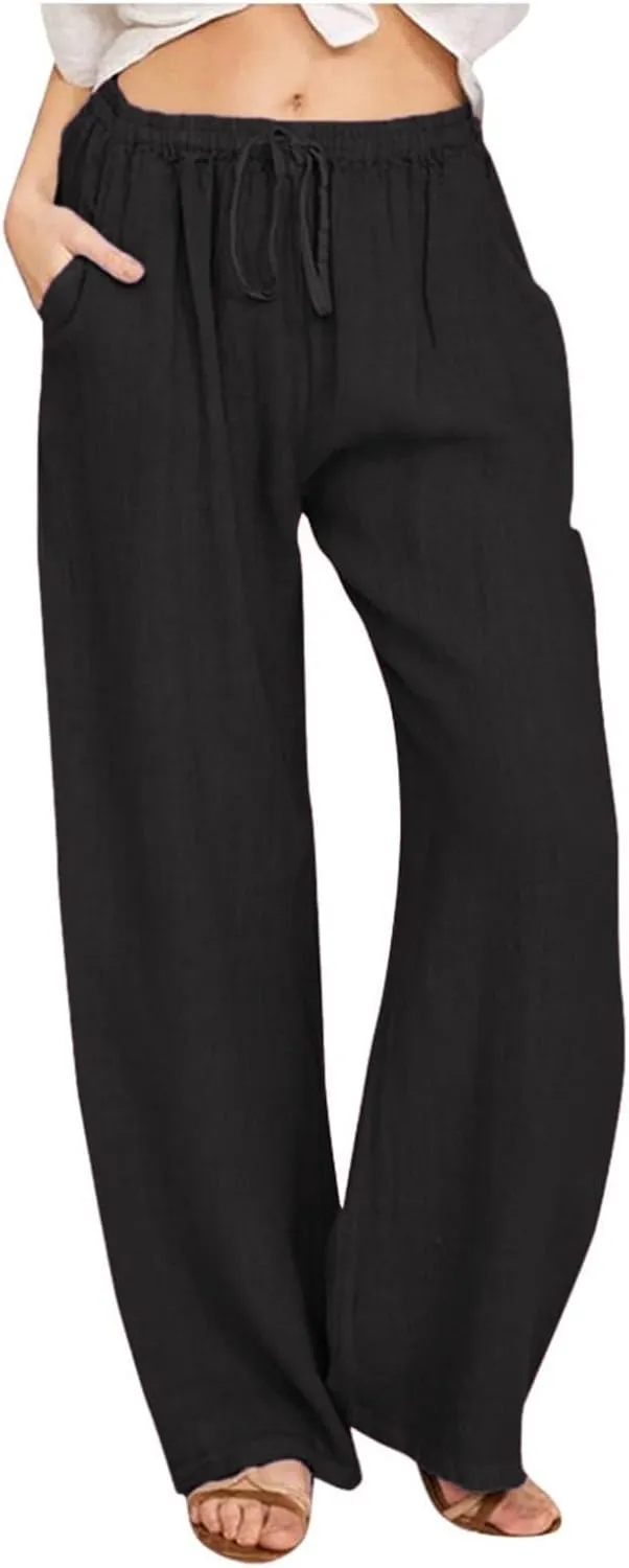 Cotton Linen Palazzo Pants for Women Casual Summer Boho Pants Lightweight High Waisted Wide Leg Pants with Pockets