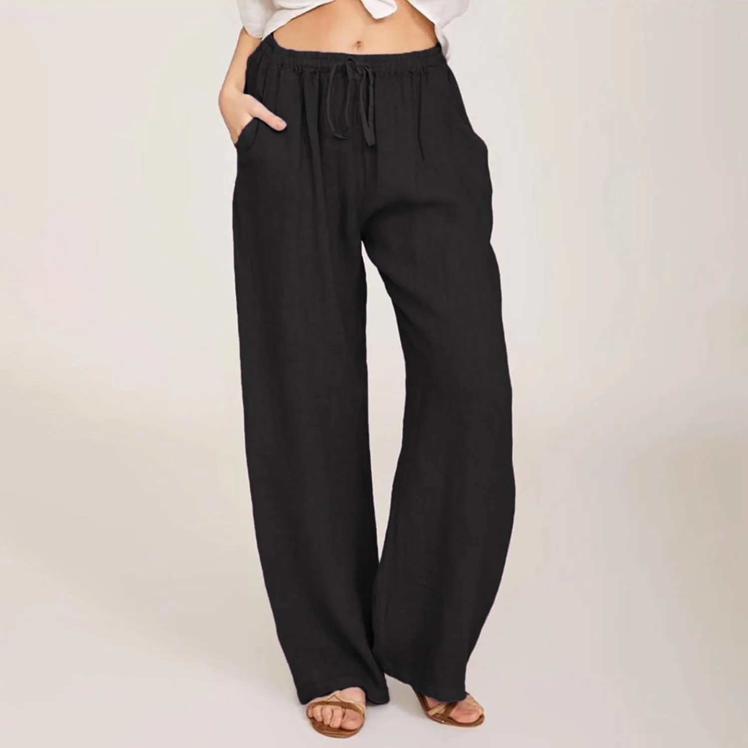 Cotton Linen Palazzo Pants for Women Casual Summer Boho Pants Lightweight High Waisted Wide Leg Pants with Pockets