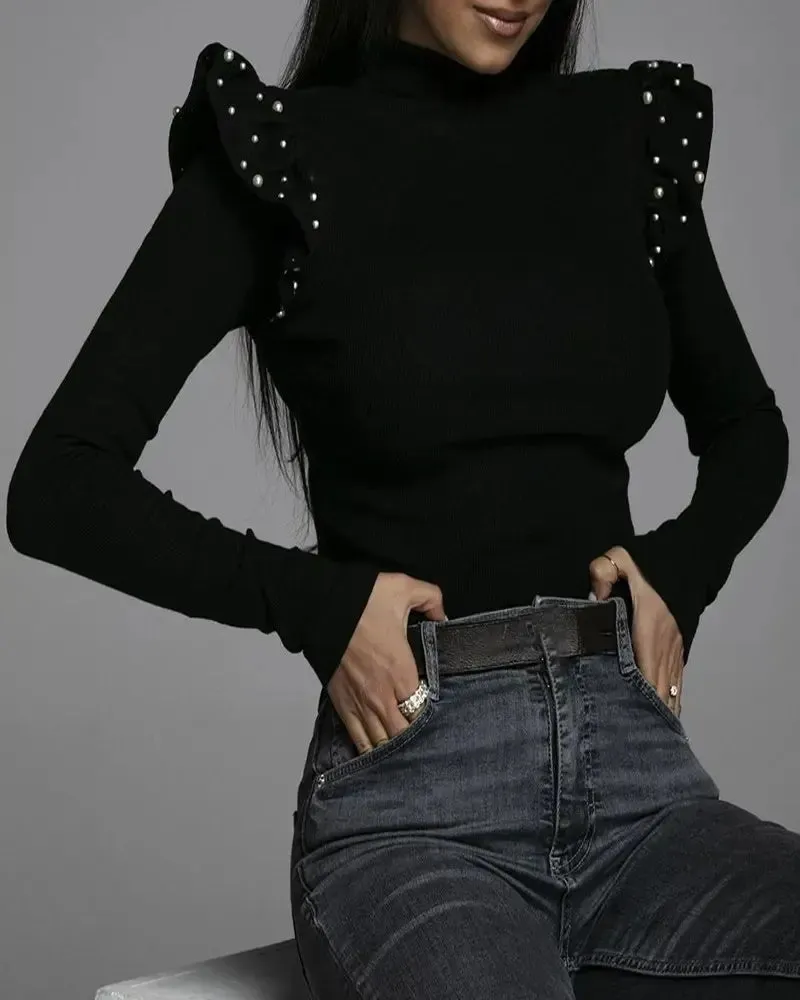Deanwangkt - Long sleeve tight top with pearls and ruffles