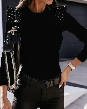 Deanwangkt - Long sleeve tight top with pearls and ruffles