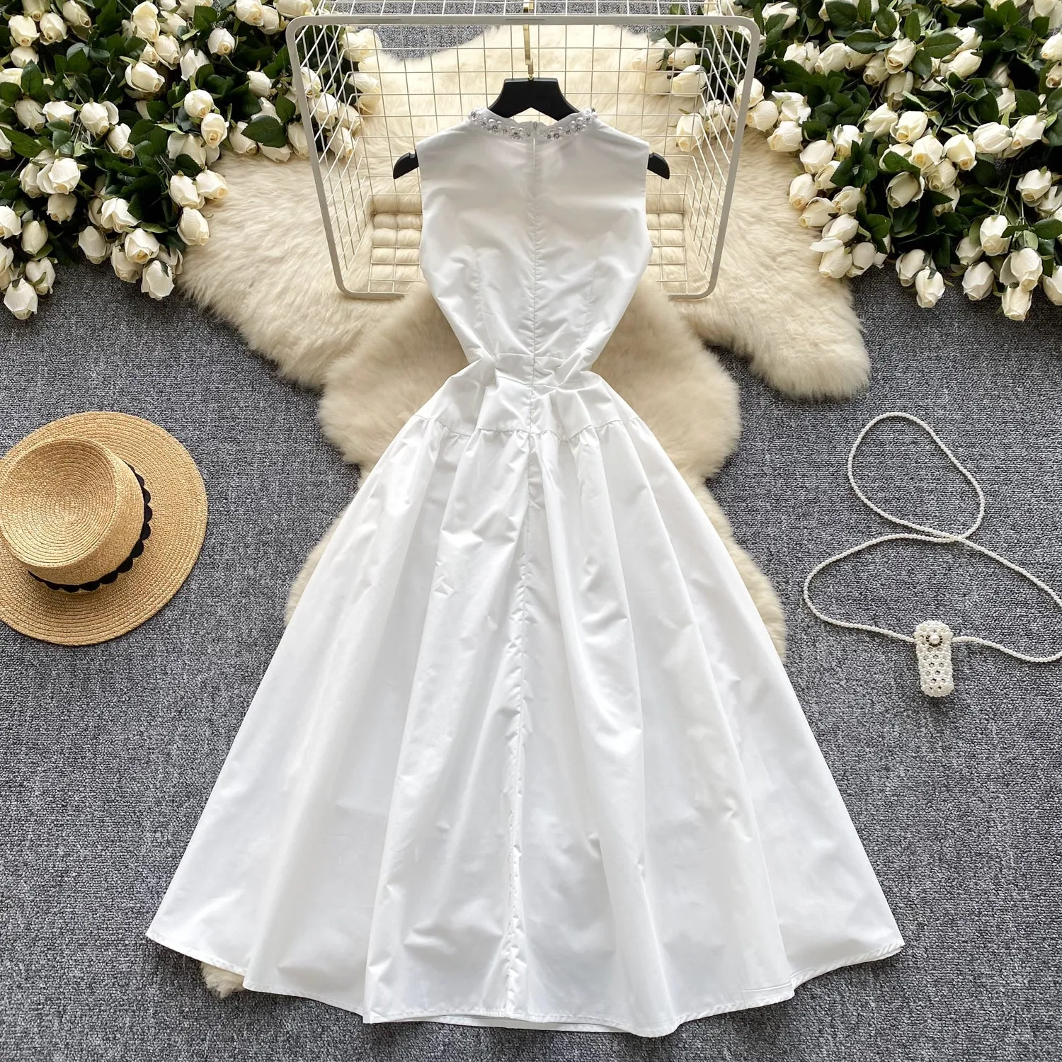 Elegant Beaded Sleeveless White Dress