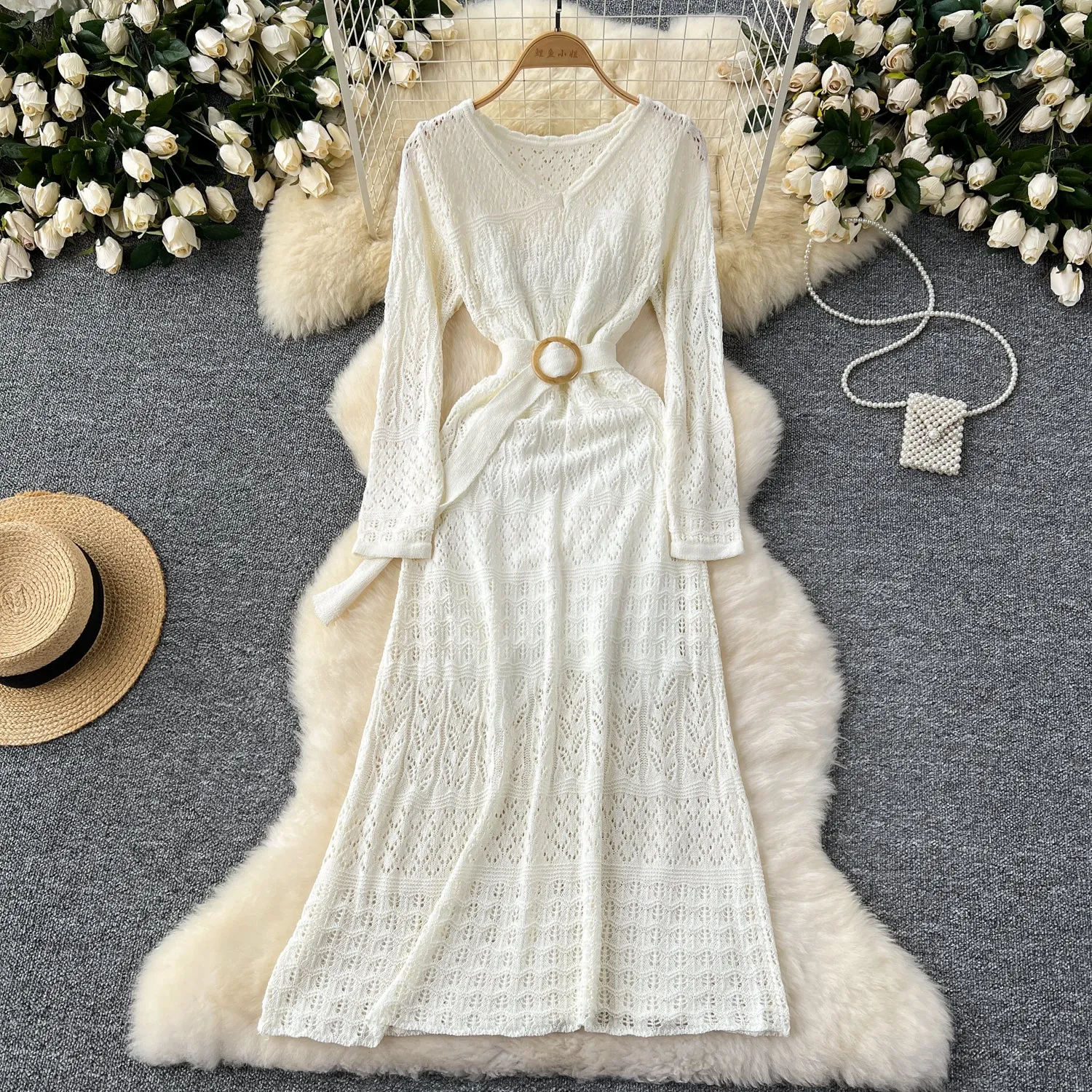Elegant Hollowed Crochet Knitted Dress