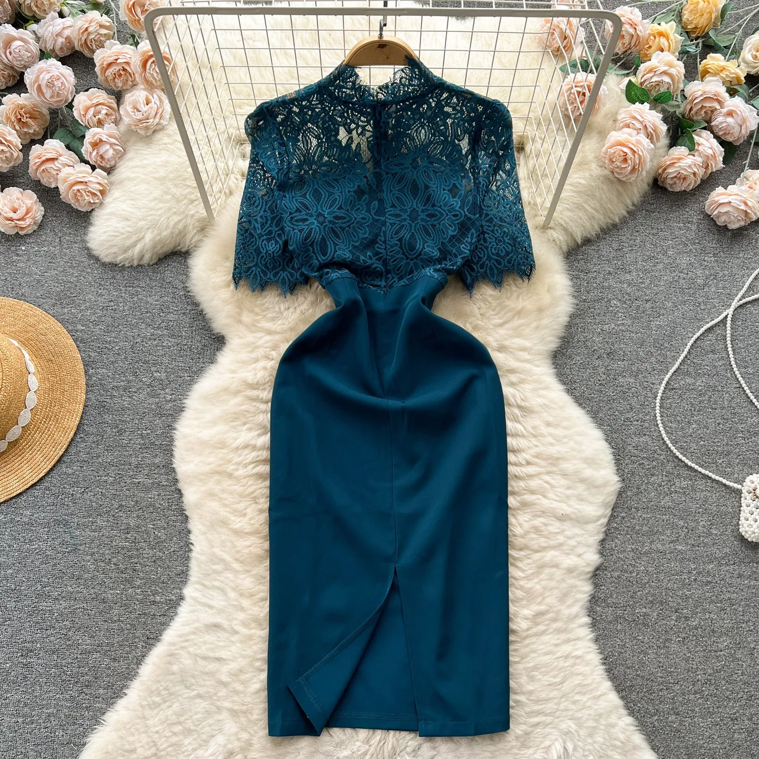 Elegant Lace Neckline Patchwork Dress