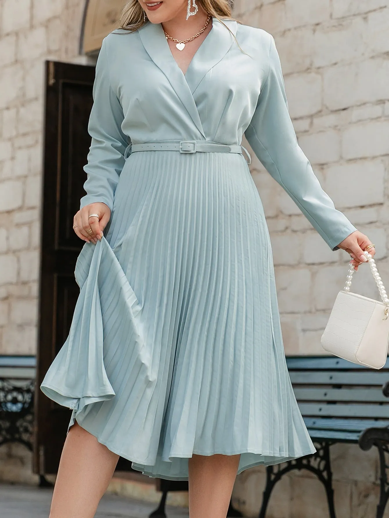 Elegant Plain Pleated Long Sleeve Shawl Collar Pleated High Waist Midi Plus Size Dress