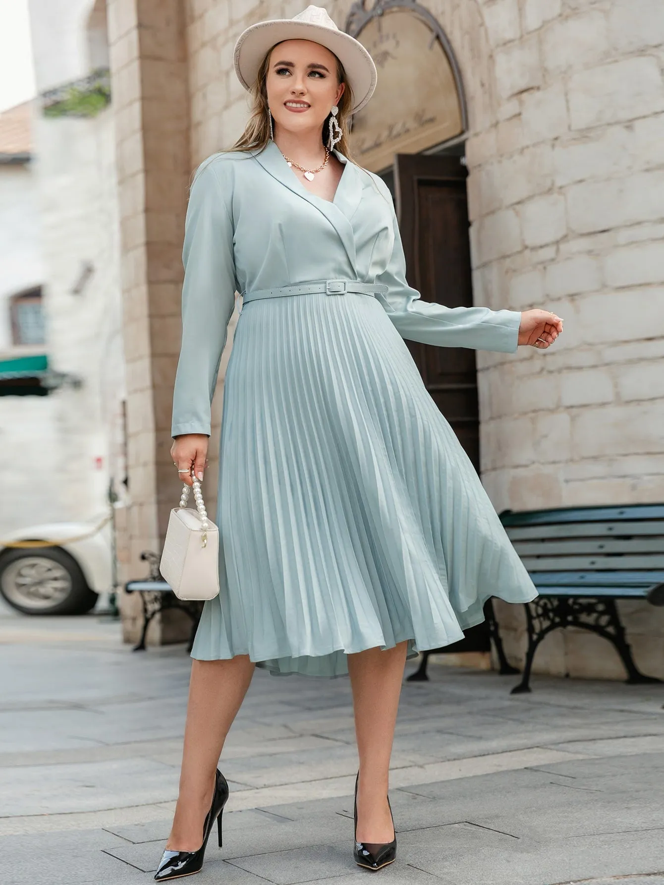 Elegant Plain Pleated Long Sleeve Shawl Collar Pleated High Waist Midi Plus Size Dress