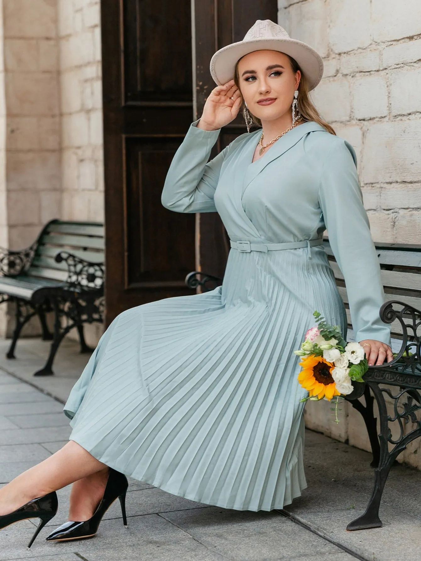 Elegant Plain Pleated Long Sleeve Shawl Collar Pleated High Waist Midi Plus Size Dress