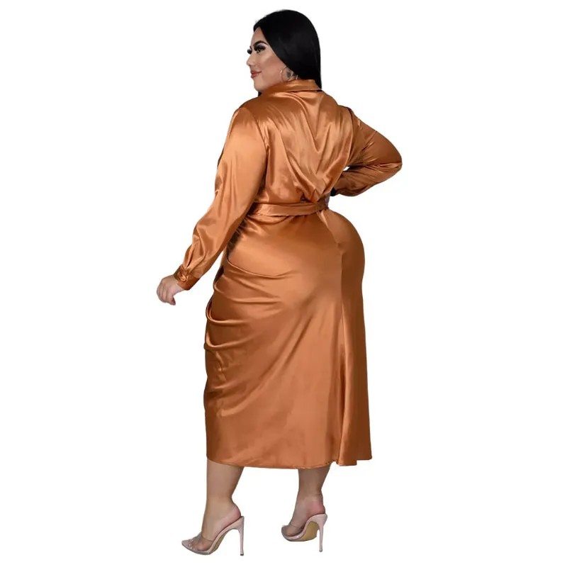Elegant Plus Size Ruched Long Sleeve Lace-up Midi Dresses