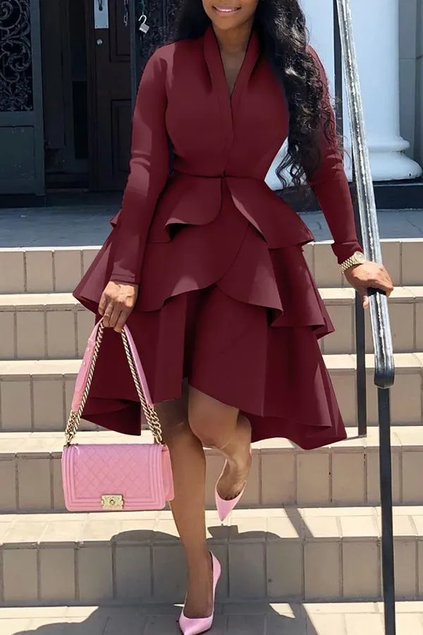 Elegant Solid Color Long Sleeved Ruffled Plus Size Midi Dress