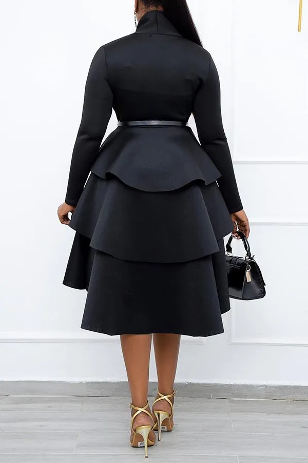 Elegant Solid Color Long Sleeved Ruffled Plus Size Midi Dress