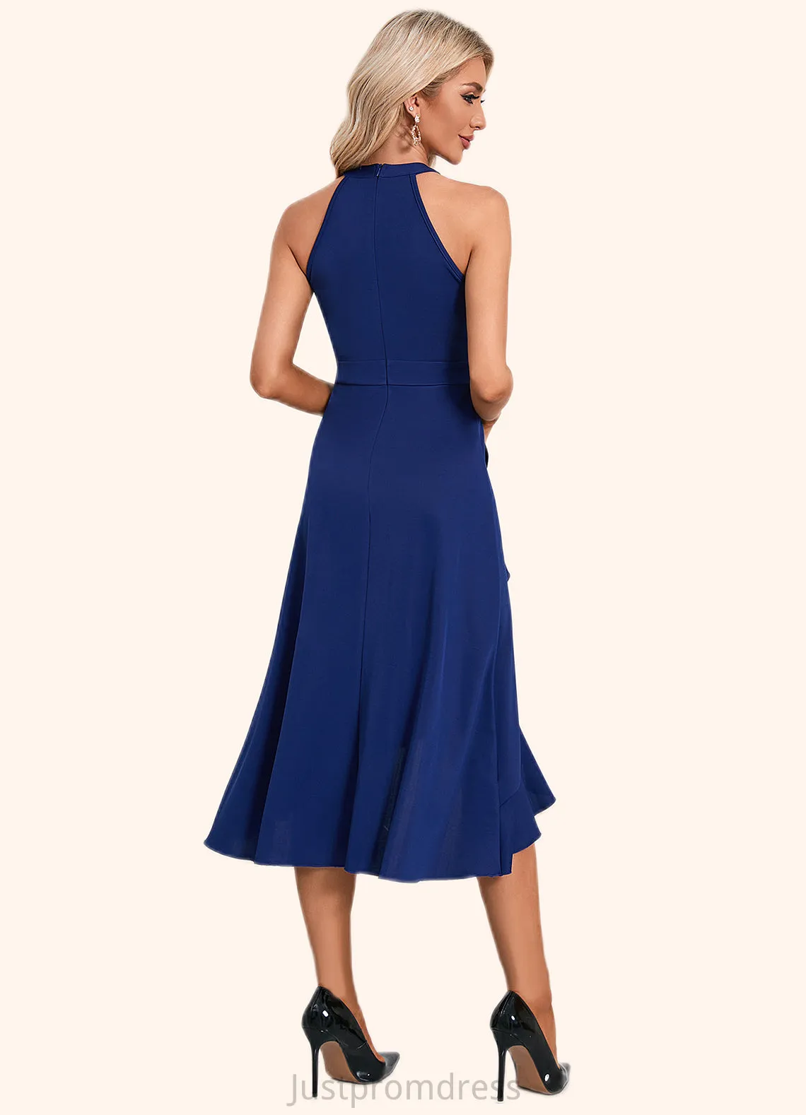 Elsa Cascading Ruffles High Neck Elegant A-line Cotton Blends Asymmetrical Midi Dresses HHP0022353