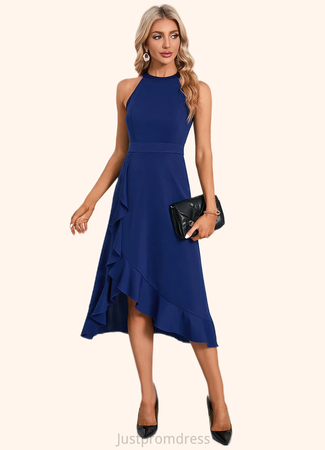 Elsa Cascading Ruffles High Neck Elegant A-line Cotton Blends Asymmetrical Midi Dresses HHP0022353