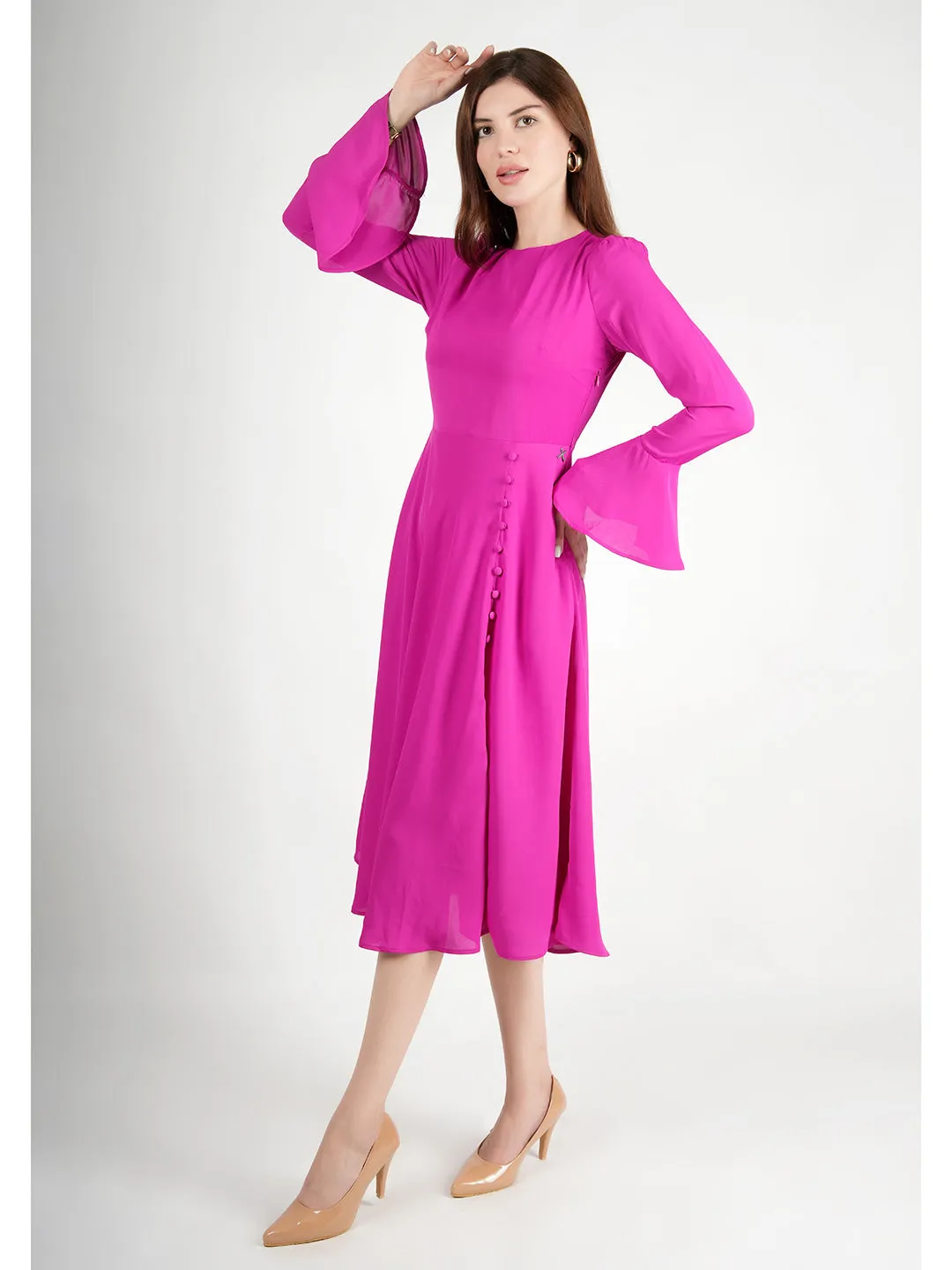 Fuchsia Polyester Gleaming Fit & Flare Dress