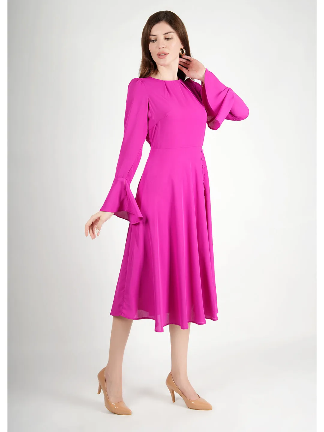 Fuchsia Polyester Gleaming Fit & Flare Dress