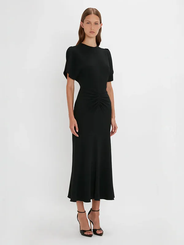 Gathered Waist Midi Dress in Black
