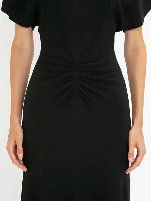 Gathered Waist Midi Dress in Black