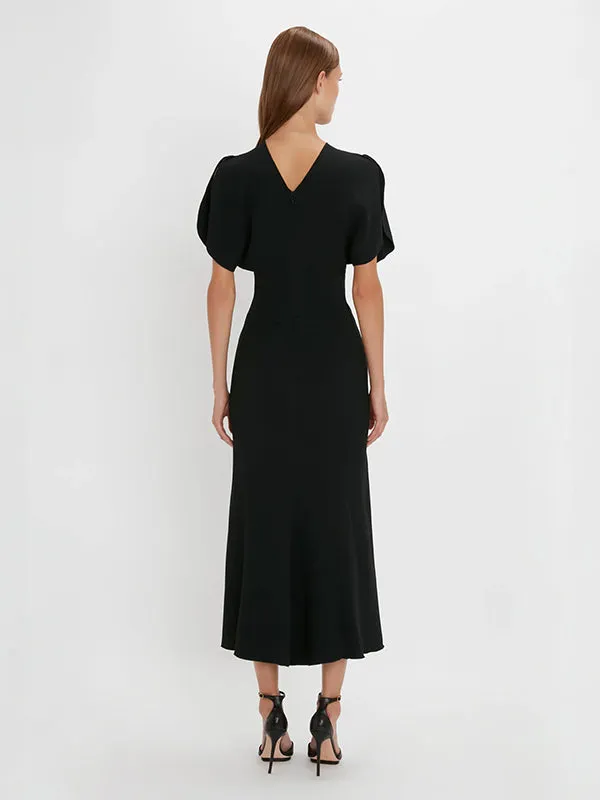 Gathered Waist Midi Dress in Black