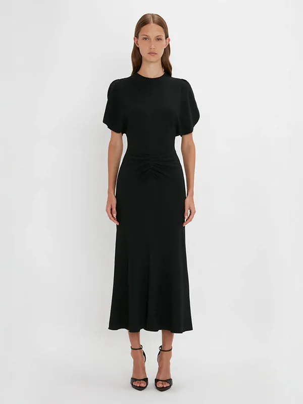 Gathered Waist Midi Dress in Black