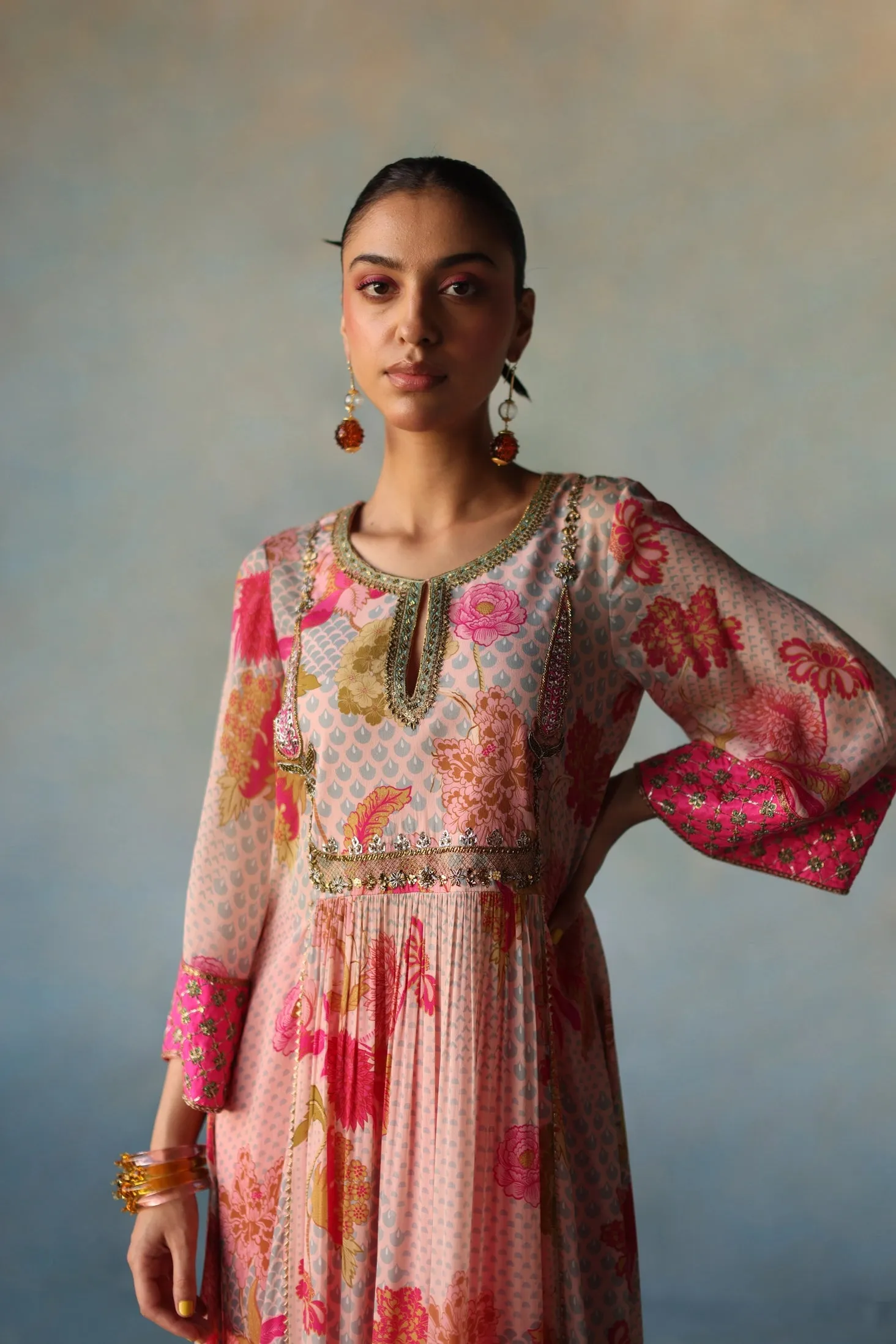 Gul Pastel Pink Yoke Check Sleeve Kurta Set