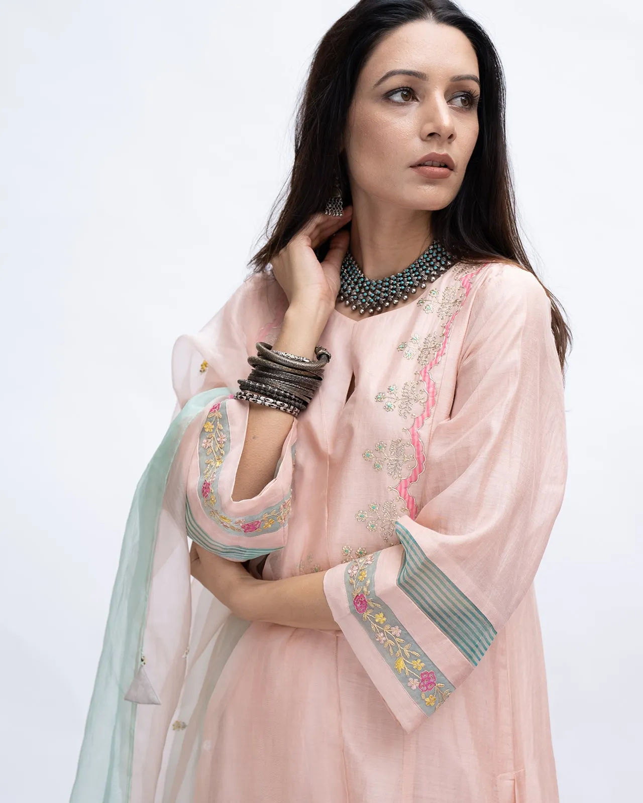 Gulnaaz Pastel Pink self scallop Puckering Kurta Set