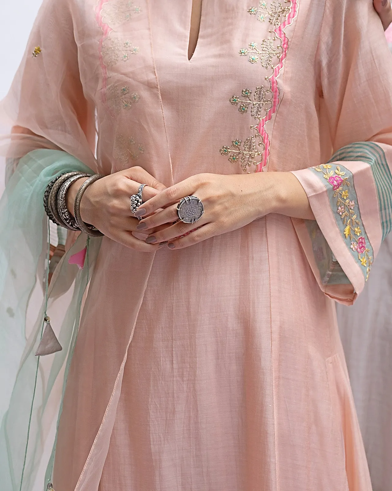 Gulnaaz Pastel Pink self scallop Puckering Kurta Set