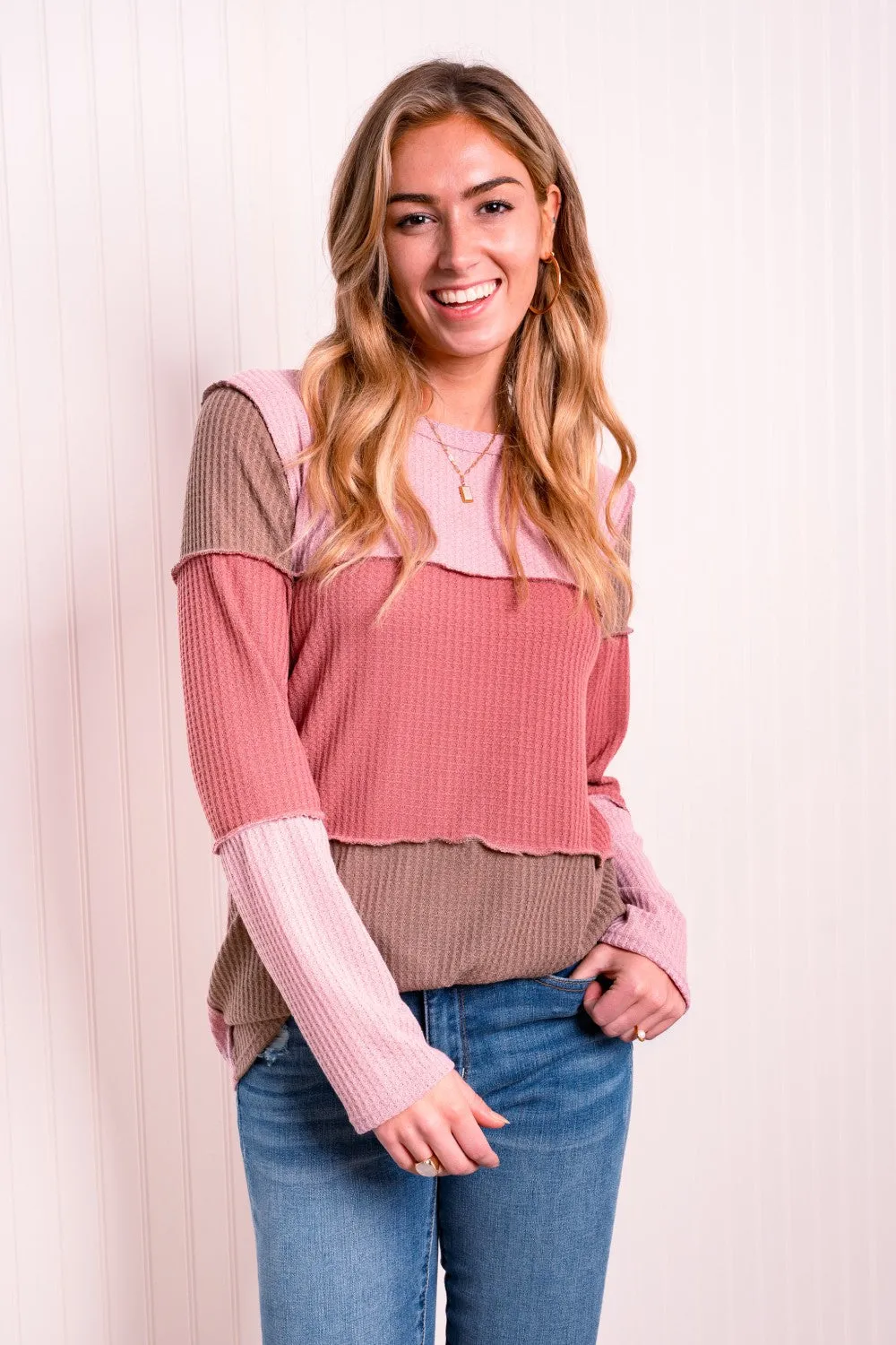 Heimish Full Size Color Block Exposed Seam Waffle-Knit Top