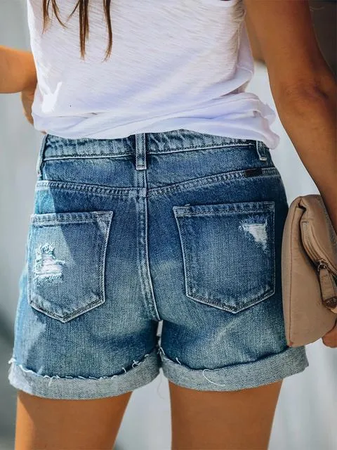 High Rise Cuffed Denim Shorts