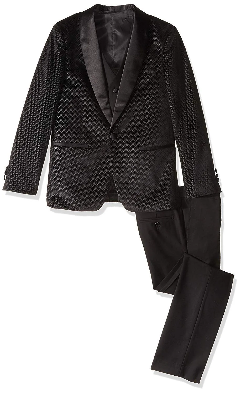Isaac Mizrahi Boy's 3-Piece (Jacket Vest Trousers) Satin Shawl Collar Formal Tuxedo Suit Set