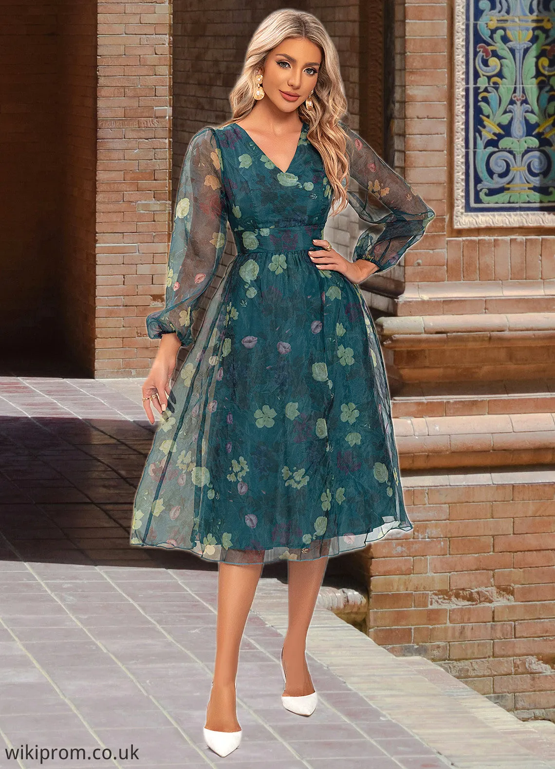 Isabel Floral Print V-Neck Elegant A-line Organza Midi Dresses SWKP0022297