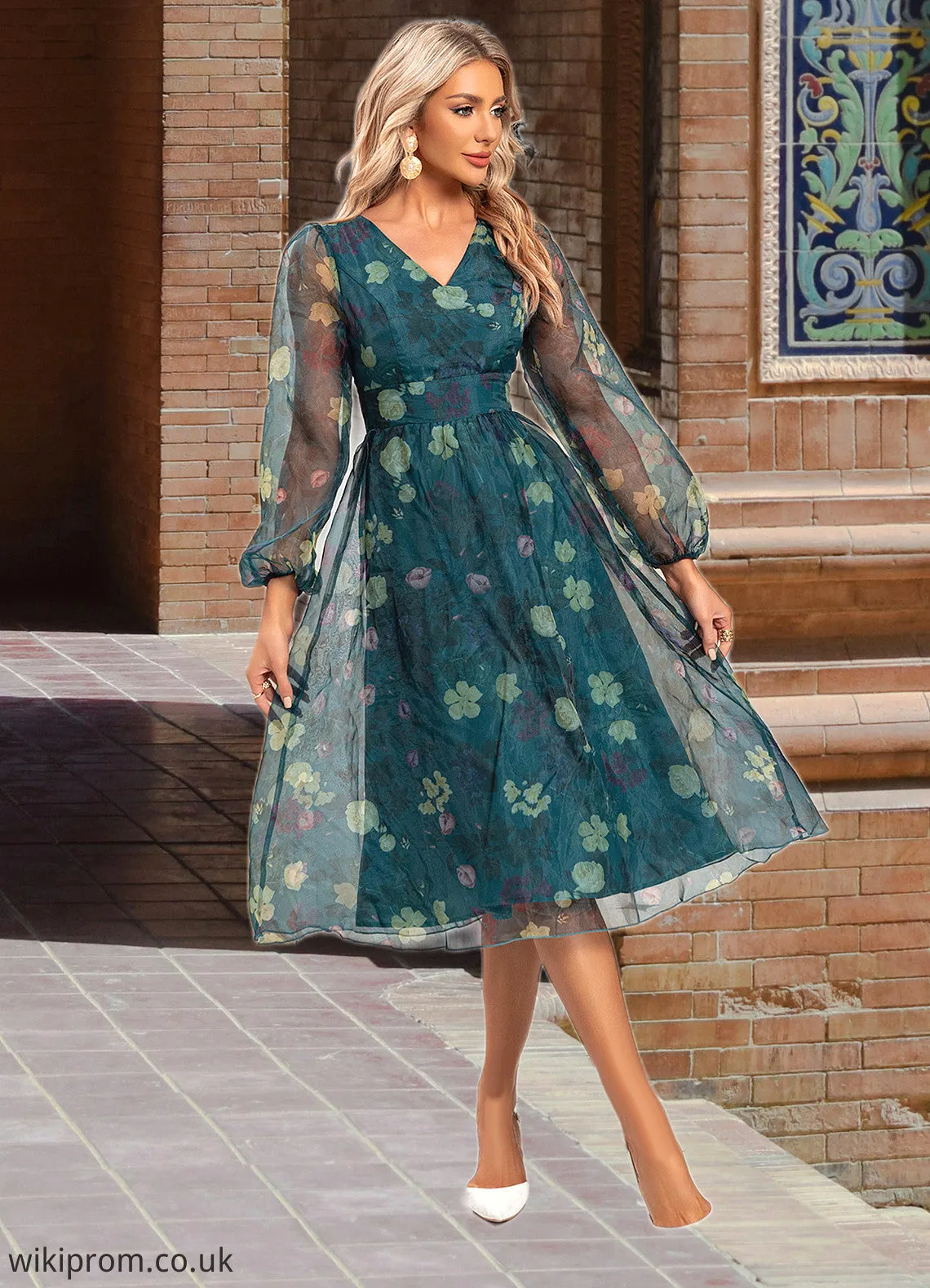 Isabel Floral Print V-Neck Elegant A-line Organza Midi Dresses SWKP0022297