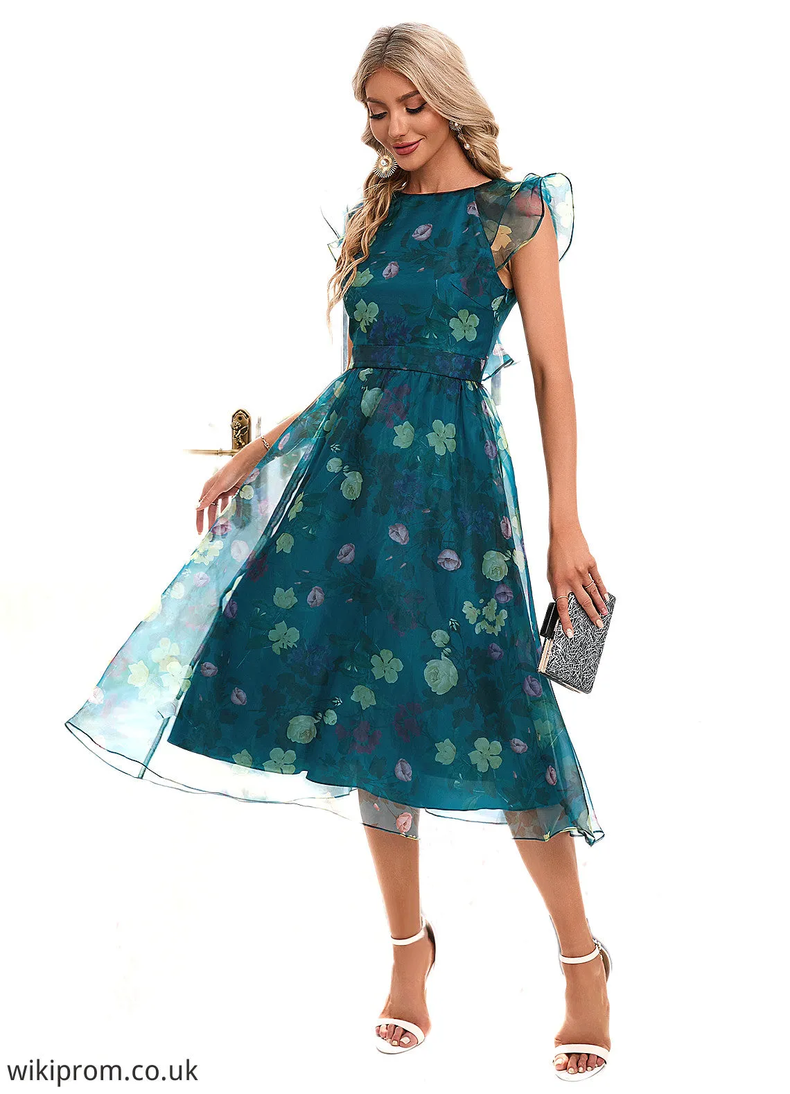 Jode Floral Print Scoop Elegant A-line Organza Midi Dresses SWKP0022318