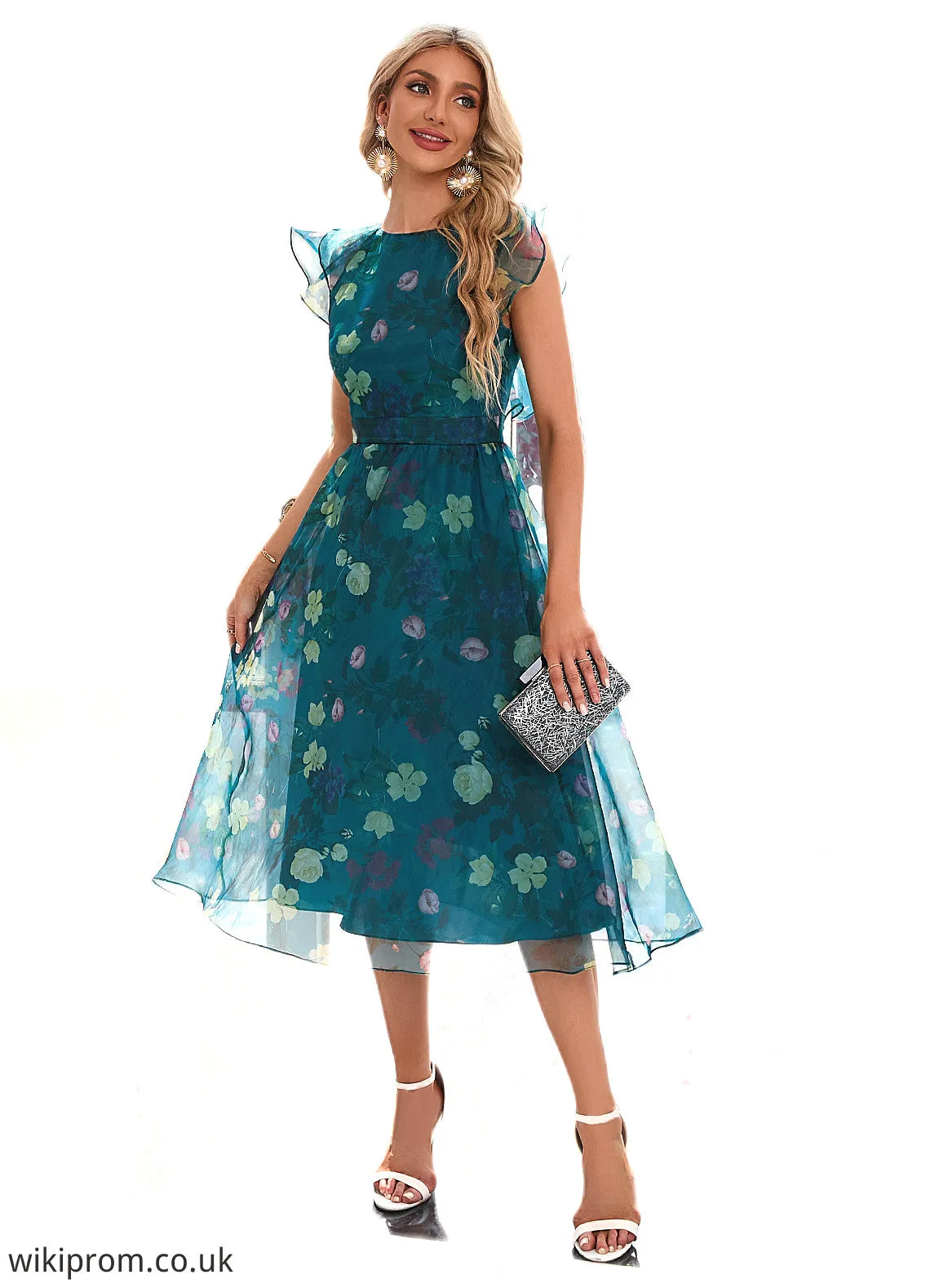 Jode Floral Print Scoop Elegant A-line Organza Midi Dresses SWKP0022318