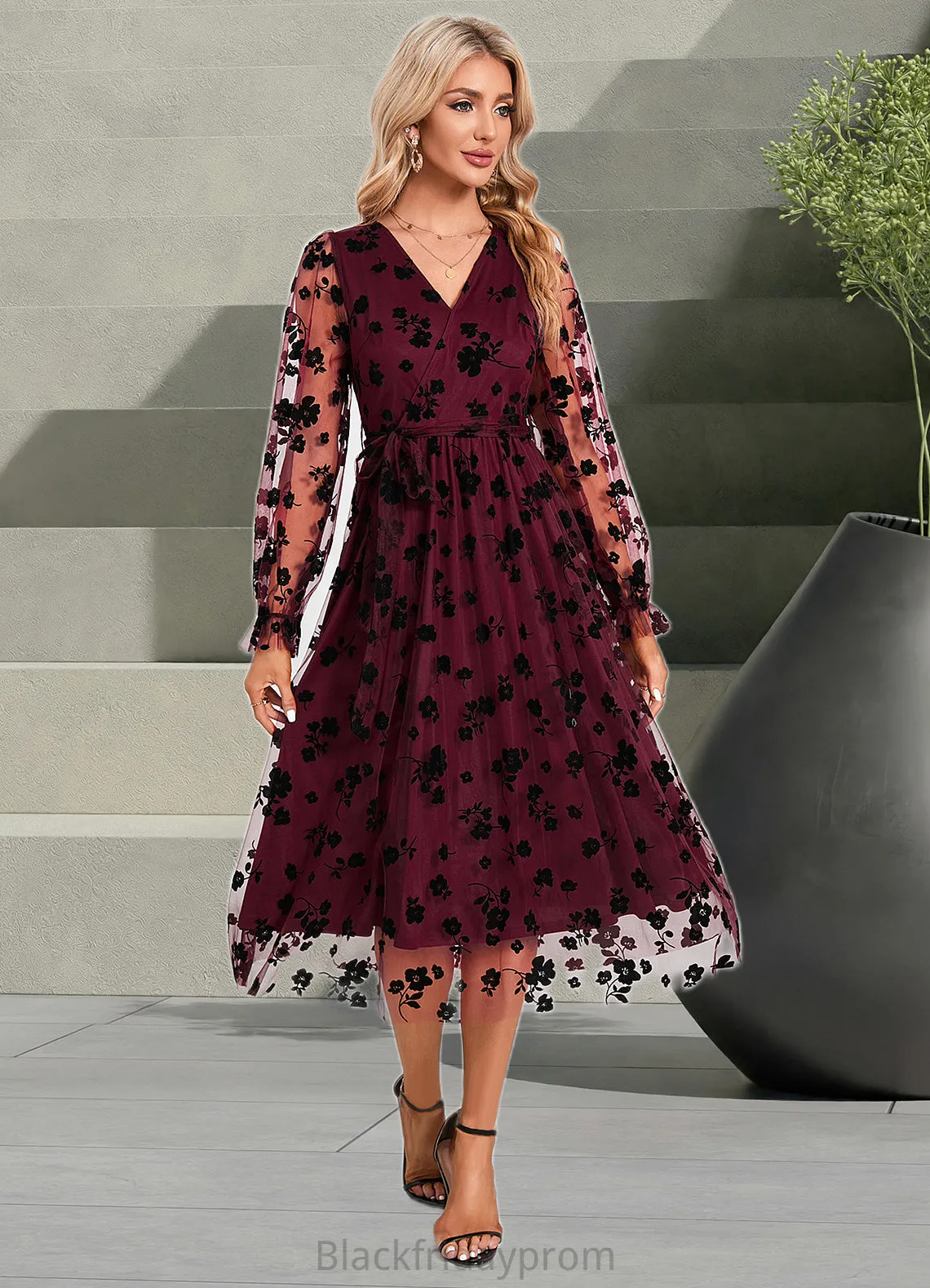 Karma Jacquard V-Neck Elegant A-line Tulle Midi Dresses BF2P0022286