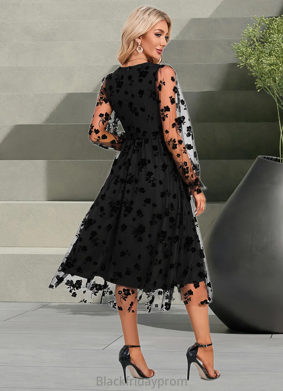 Karma Jacquard V-Neck Elegant A-line Tulle Midi Dresses BF2P0022286