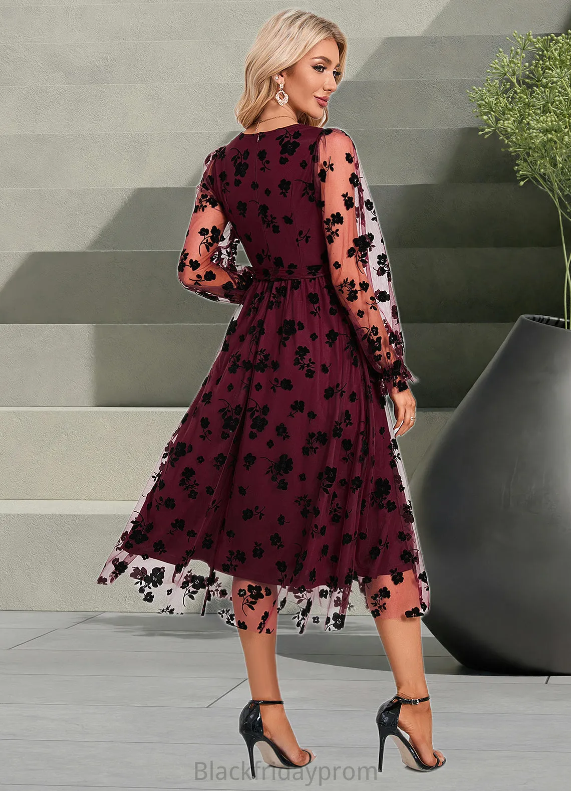 Karma Jacquard V-Neck Elegant A-line Tulle Midi Dresses BF2P0022286